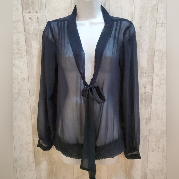 💚5/$25 NWT Sheer Dark Navy Blue Tie-Front Long Sleeve Blouse Size Medium - Picture 7 of 8